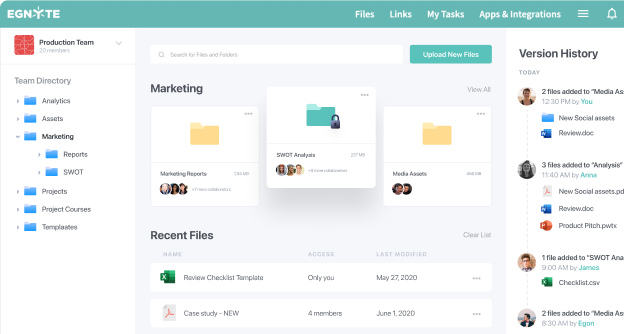 marketing folders dashboard with recent files and version history